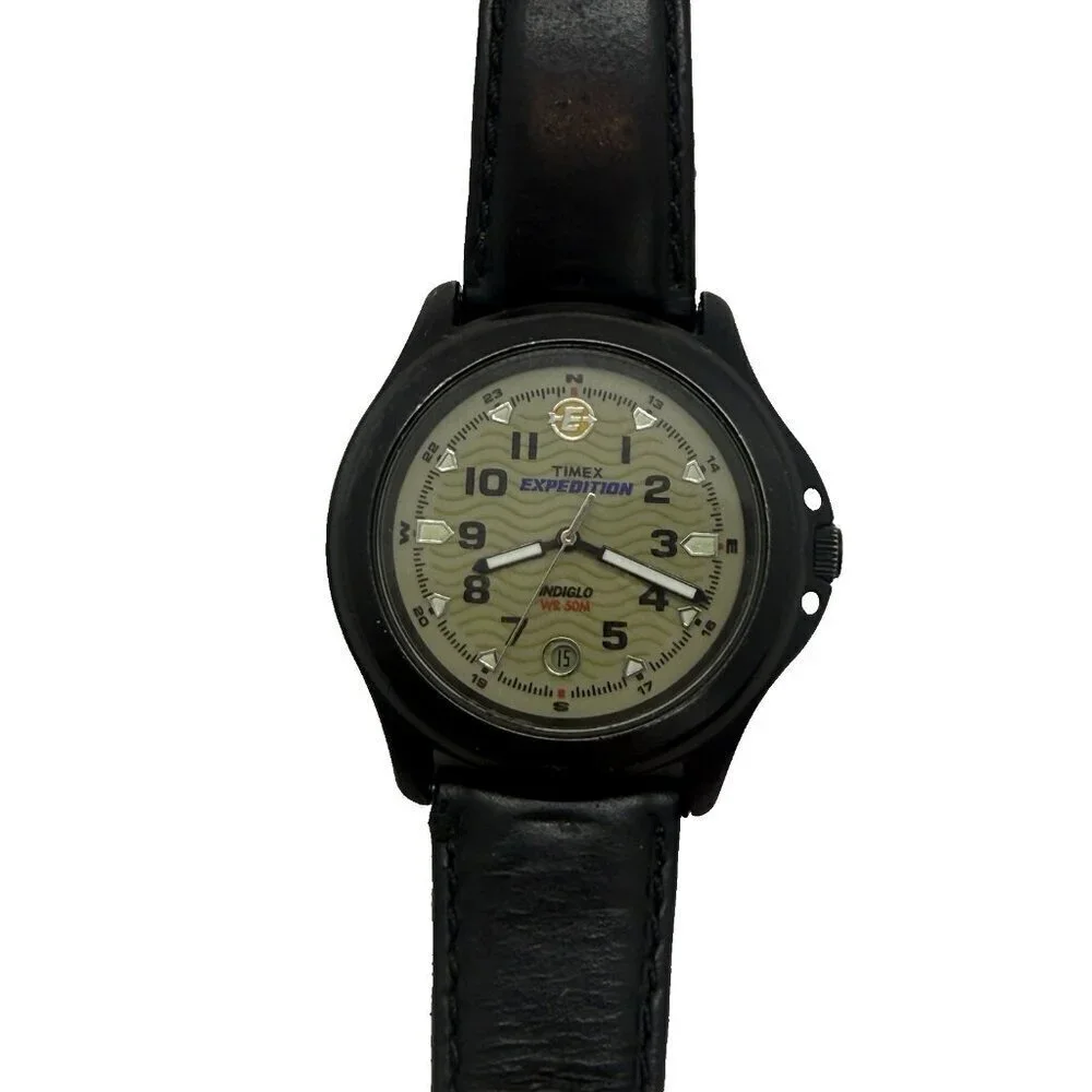 Timex Expedition Indiglo Men's Field Metal Watch Date Black Leather Band T47012